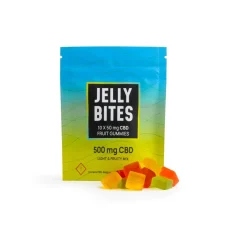 Front of the CBD Jelly Bites package showing 500 mg CBD light and fruity mix gummies with pieces displayed.
