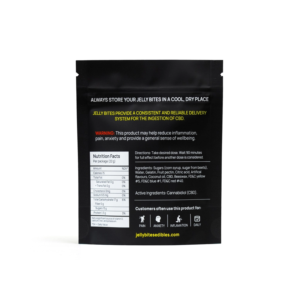 Back of the CBD Jelly Bites package displaying nutritional facts, ingredients, and warnings.