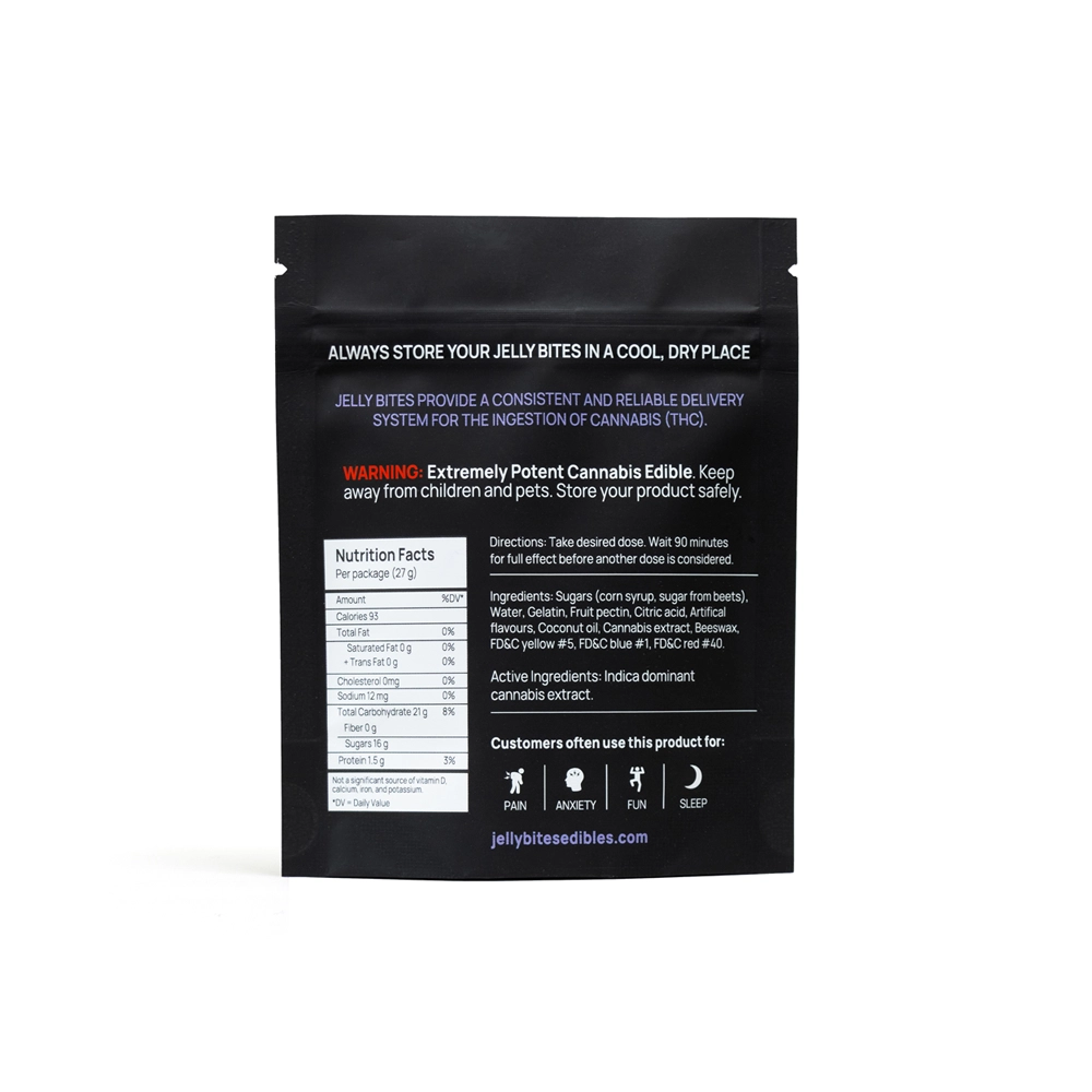Back packaging of Jelly Bites showing nutrition facts, ingredients, and product information for THC gummies.