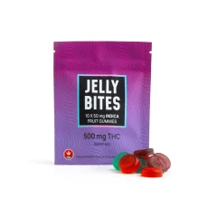 Front packaging of Jelly Bites Berry Mix, 500 mg THC Indica fruit gummies with colorful gummies displayed below.