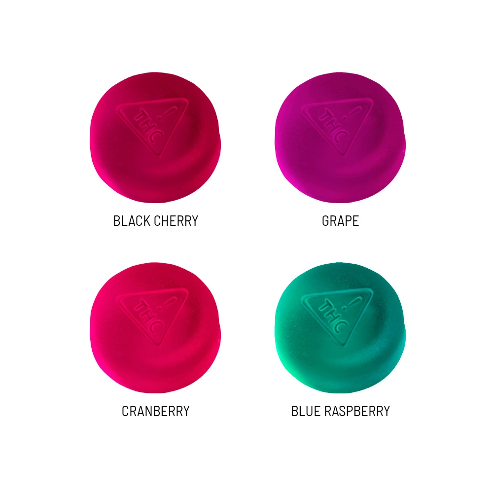 Four Jelly Bites gummies showcasing vibrant flavors: Black Cherry, Grape, Cranberry, and Blue Raspberry, each labeled with a THC logo.