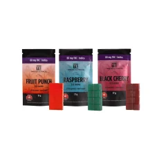 Twisted Extracts ZZZ Bomb Indica Jelly in Fruit Punch, Raspberry, and Black Cherry flavors, each containing 80mg of THC for ultimate relaxation. The gummies are displayed in packages with their respective gummy pieces, perfect for those seeking restful sleep and pain relief.