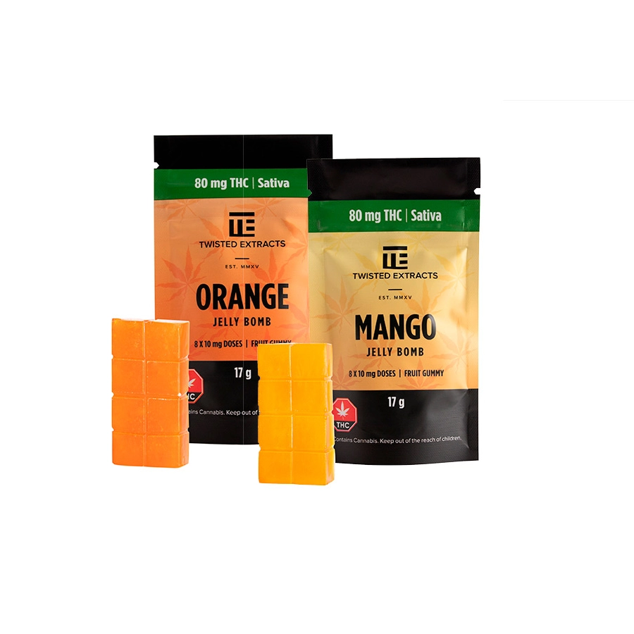 Twisted Extracts Sativa Jelly Bombs in bright orange and mango flavors, each with 80mg THC. Perfect for energizing and uplifting your day. Find them at Weed Market