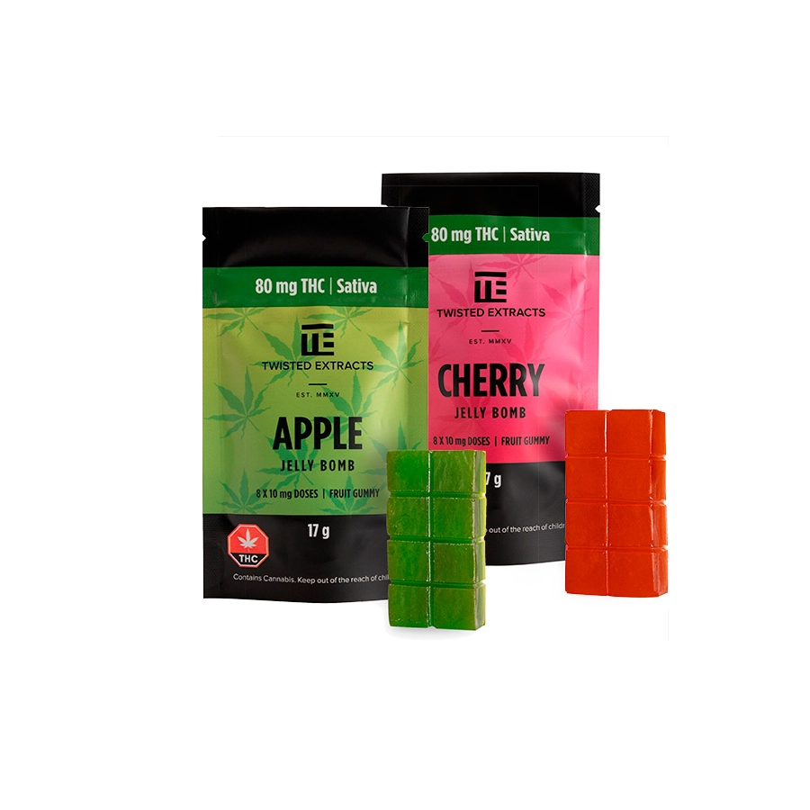 Twisted Extracts Sativa Jelly Bomb in apple flavor, infused with 80mg THC. A zesty option for creativity and stress relief