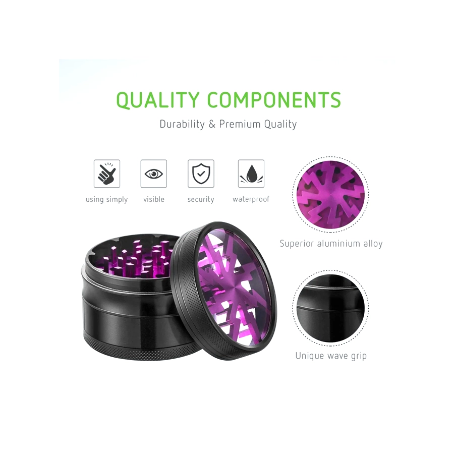 Vivosun aluminum herb grinder displayed alongside icons for "durability," "visibility," "security," and "waterproof" features. Focus is on the superior aluminum alloy material and unique wave grip.