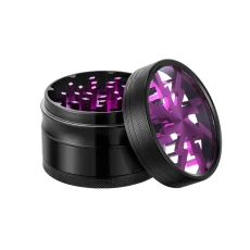 A Vivosun aluminum herb grinder with a sleek black body and sharp, purple diamond-shaped teeth, shown with the lid removed and placed on the side.