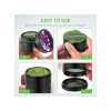 Step-by-step guide to using the Vivosun herb grinder, illustrating inserting the herb, twisting to grind, collecting the ground herb, and the filtered kief layer.
