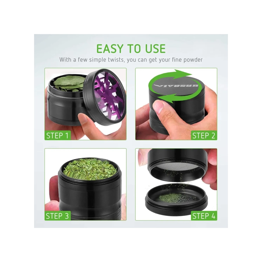 Step-by-step guide to using the Vivosun herb grinder, illustrating inserting the herb, twisting to grind, collecting the ground herb, and the filtered kief layer.