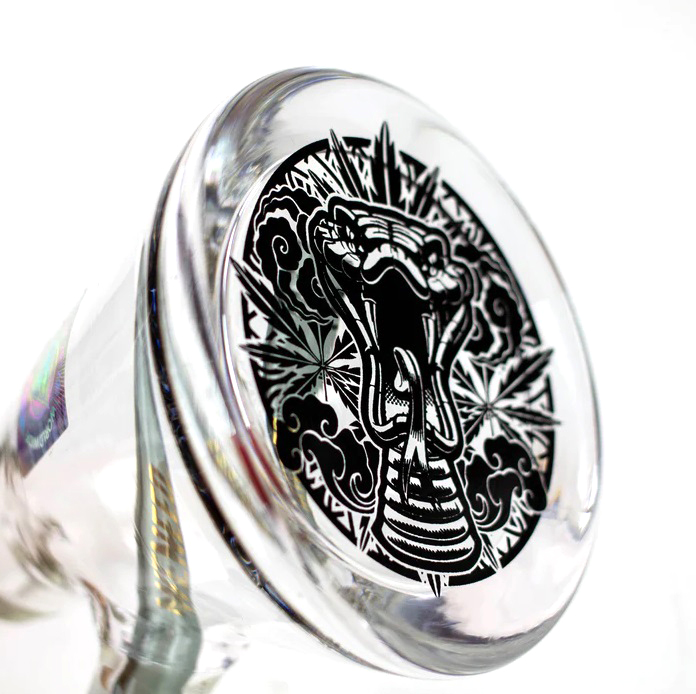 Close-up of a snake design at the base of the Weneed 12" Nice Glass Bong, intricately engraved with detailed line work.