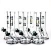 Group photo of six Weneed 12" Nice Glass Bongs standing in a line, showcasing their identical build and design, with green bowls attached.