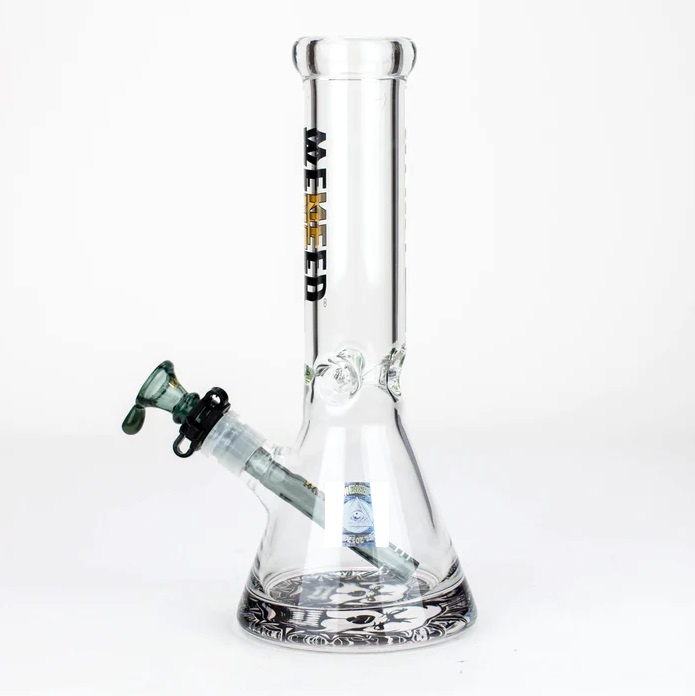 Side view of a Weneed 12" Nice Glass Bong showing the clear glass body and the green bowl placed in the joint, highlighting its sturdy design.