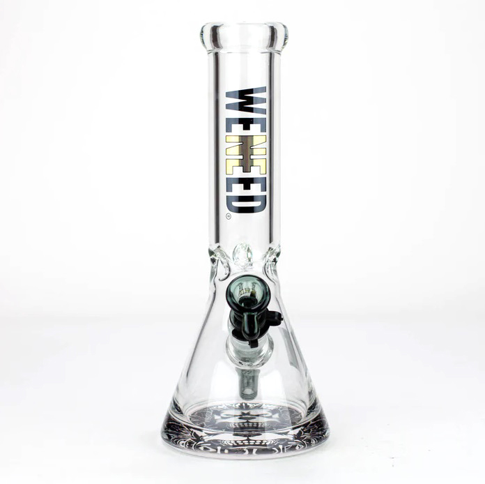 Single Weneed 12" Nice Glass Bong standing upright with a clean and simple design, featuring the logo along the tube and the green bowl attached.