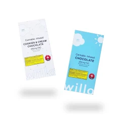 Willo Sativa THC Chocolate bars in Cookies & Cream and regular chocolate flavors, each containing 250mg THC