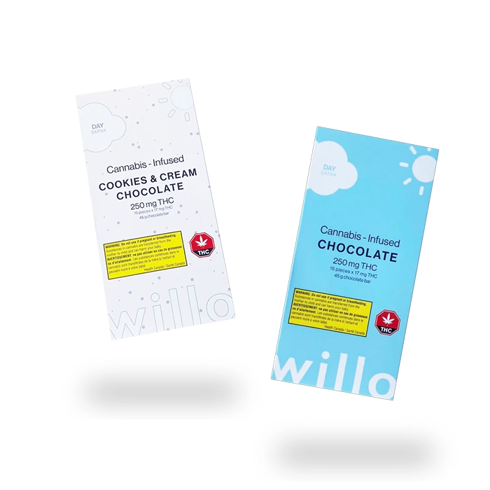 Willo Sativa THC Chocolate bars in Cookies & Cream and regular chocolate flavors, each containing 250mg THC