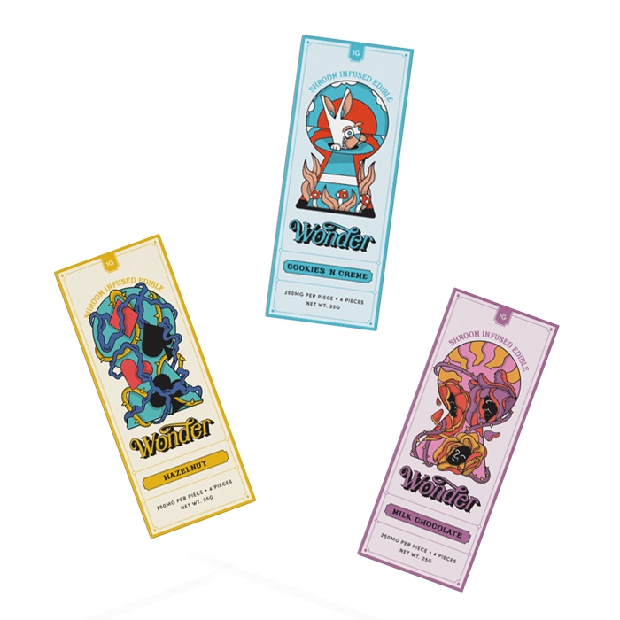 Wonder Psilocybin 1g Chocolate Dose in three flavors: Cookies 'n Creme, Milk Chocolate, and Hazelnut.