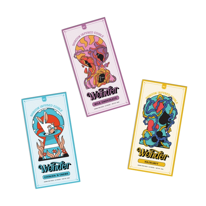 Three Wonder Psilocybin 6g Acadian Magic Mushroom Chocolate Bars in Milk Chocolate, Hazelnut, and Cookies 'n Creme flavors