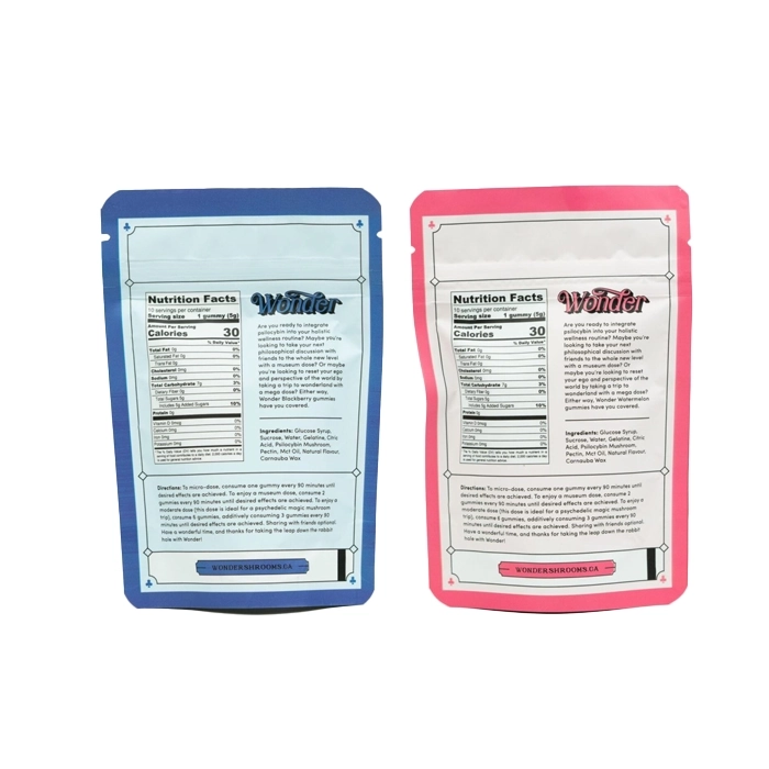Back packaging of Wonder Psilocybin Gummies from Weed Market, displaying nutrition facts, ingredients, and product information for Blackberry and Watermelon flavors