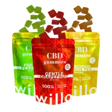 Three bags of Willo 500mg CBD gummies in assorted flavors: Pretty Pear Lime (green), Gentle Grapefruit (red), and Luscious Lemon Tea (yellow), each labeled 500mg CBD (10 gummies x 50mg each), with matching gummy cubes spilling out of each bag.