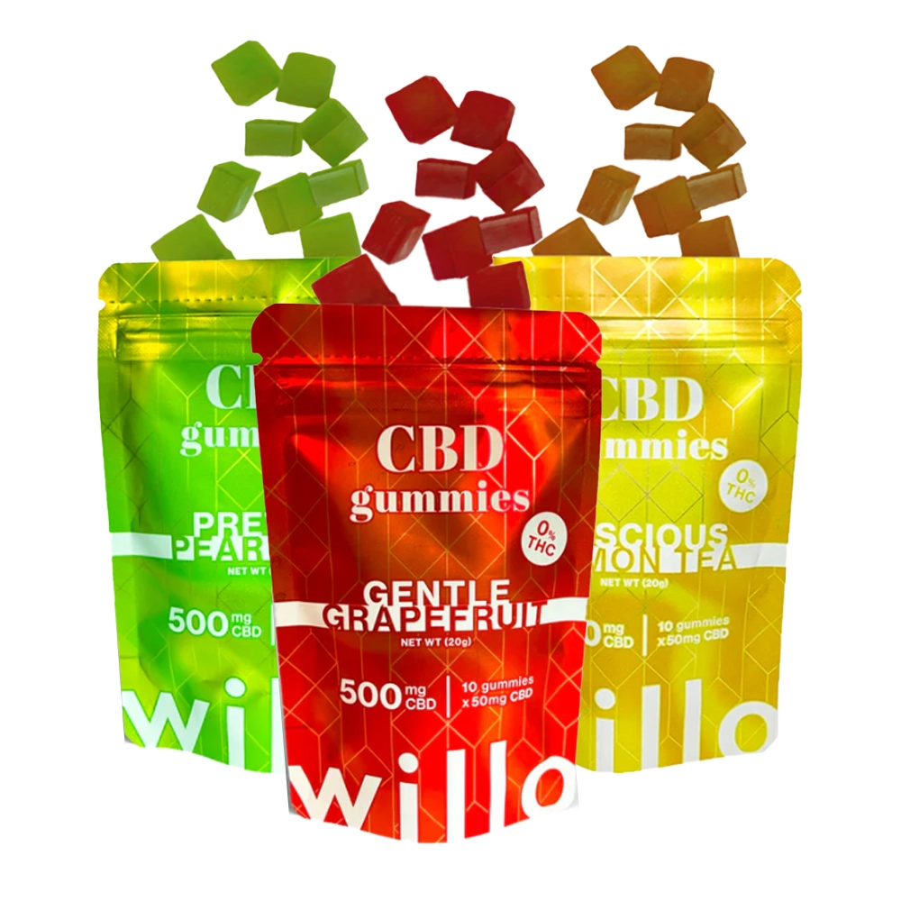 Three bags of Willo 500mg CBD gummies in assorted flavors: Pretty Pear Lime (green), Gentle Grapefruit (red), and Luscious Lemon Tea (yellow), each labeled 500mg CBD (10 gummies x 50mg each), with matching gummy cubes spilling out of each bag.