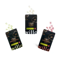 Front packaging of Willo Gummies for Nighttime Indica Gummies from Weed Market, featuring three flavors: Mango Peach, Lychee, and Strawberry, each with 500mg THC per bag, and gummies spilling out of the bags