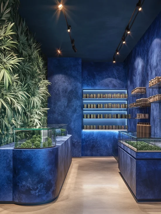 A modern weed store with a sleek blue interior, glass display cases, and cannabis products, showcasing the premium offerings of Weed Market.