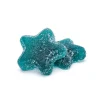 Close-up of Bonafide Blue Raspberry Space Stars THC-infused gummies, shaped like sugar-coated stars with a vibrant turquoise color.