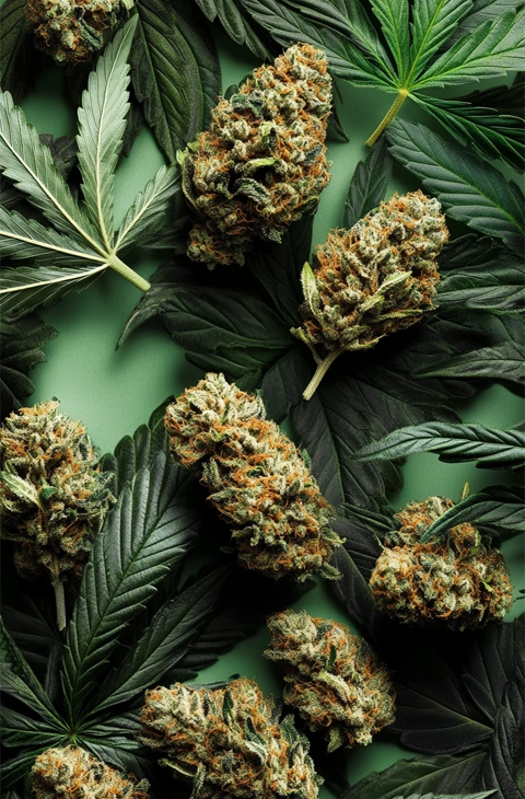 Buy my weed online dried cannabis buds on green background with lush cannabis leaves