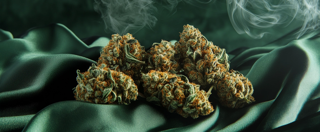 Close-up of frosty hybrid weed buds resting on luxurious green silk fabric, with gentle smoke swirling in the background, highlighting premium cannabis quality.
