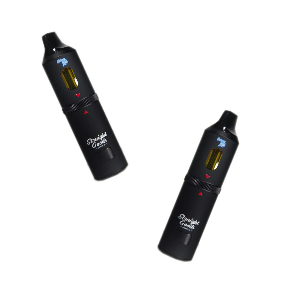 Two Straight Goods Triple Chamber Vapes with sleek black design, showcasing portability and stylish build for enhanced vaping experiences.