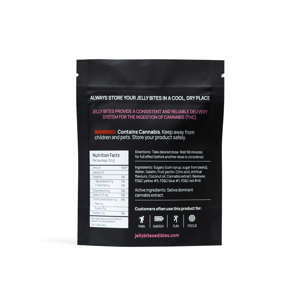 Backside of Jelly Bites 100mg THC Sativa Fruit Gummies package, displaying nutritional information, ingredients, and a warning label.