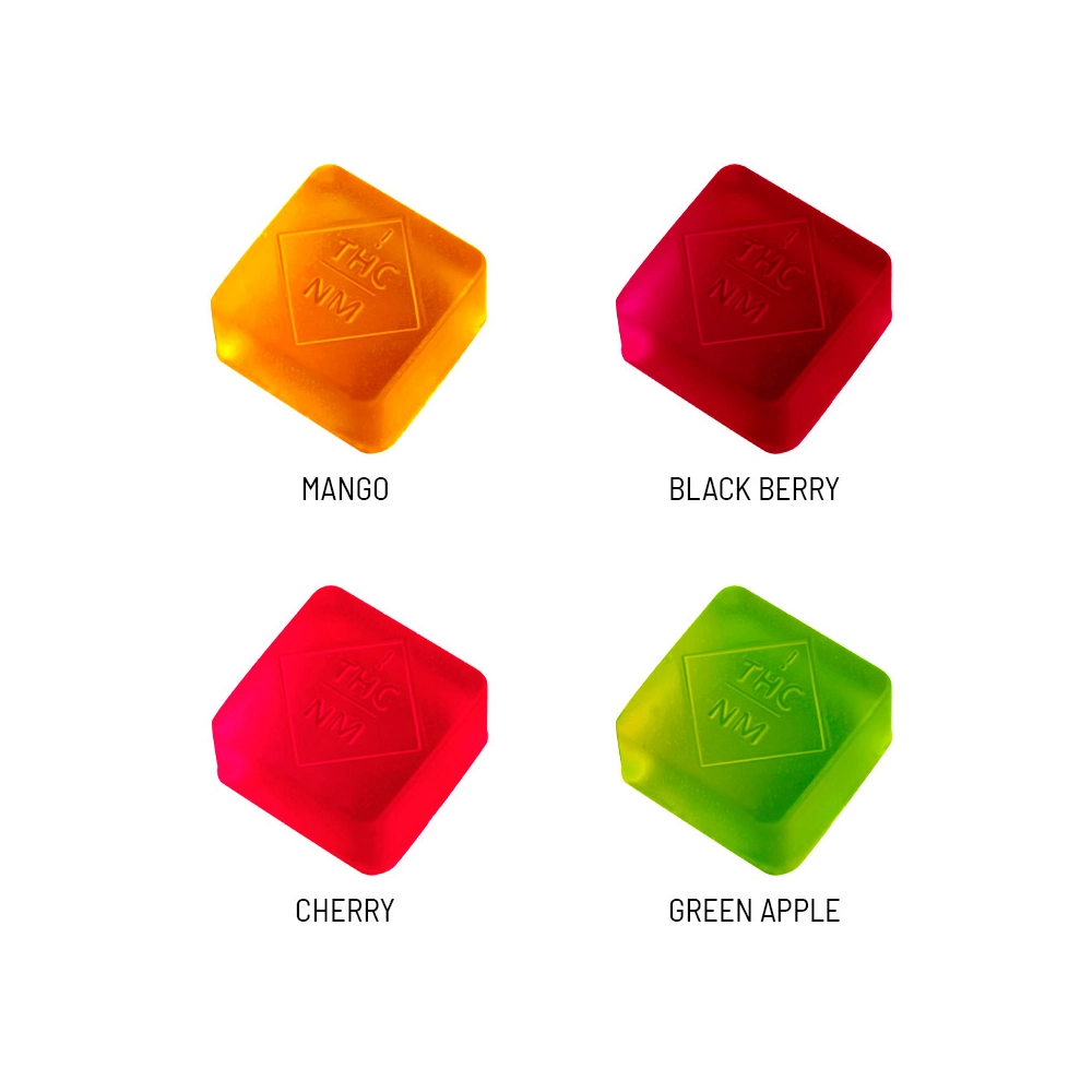 Close-up view of Jelly Bites gummies in four flavors: mango, blackberry, cherry, and green apple, with "THC" engraving.