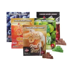 A selection of Burn Bites 500mg THC cannabis-infused gummies in extra-strength packages, featuring flavors like Orange Soda, Root Beer, Green Apple, Cola, and Blueberry with matching colorful gummy squares.