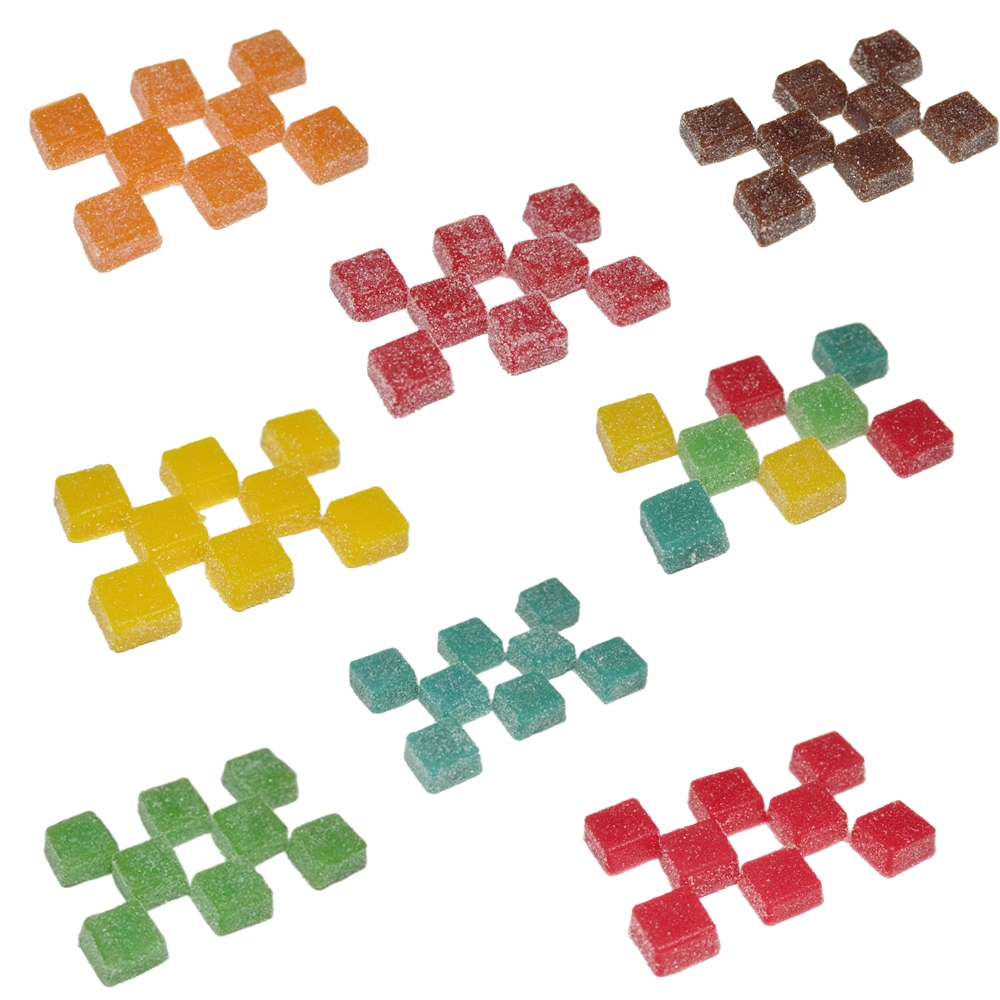 Assorted Burn Bites cannabis-infused gummies arranged in colorful groups, including orange, red, brown, yellow, green, and blue, showcasing their variety and texture.