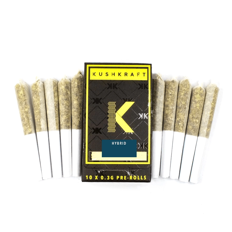 The Kush Kraft Spliffy's 10 Blend box surrounded by ten neatly rolled hybrid pre-rolls. The black and gold packaging showcases the bold "K" logo, with all pre-rolls displayed in a clean layout.