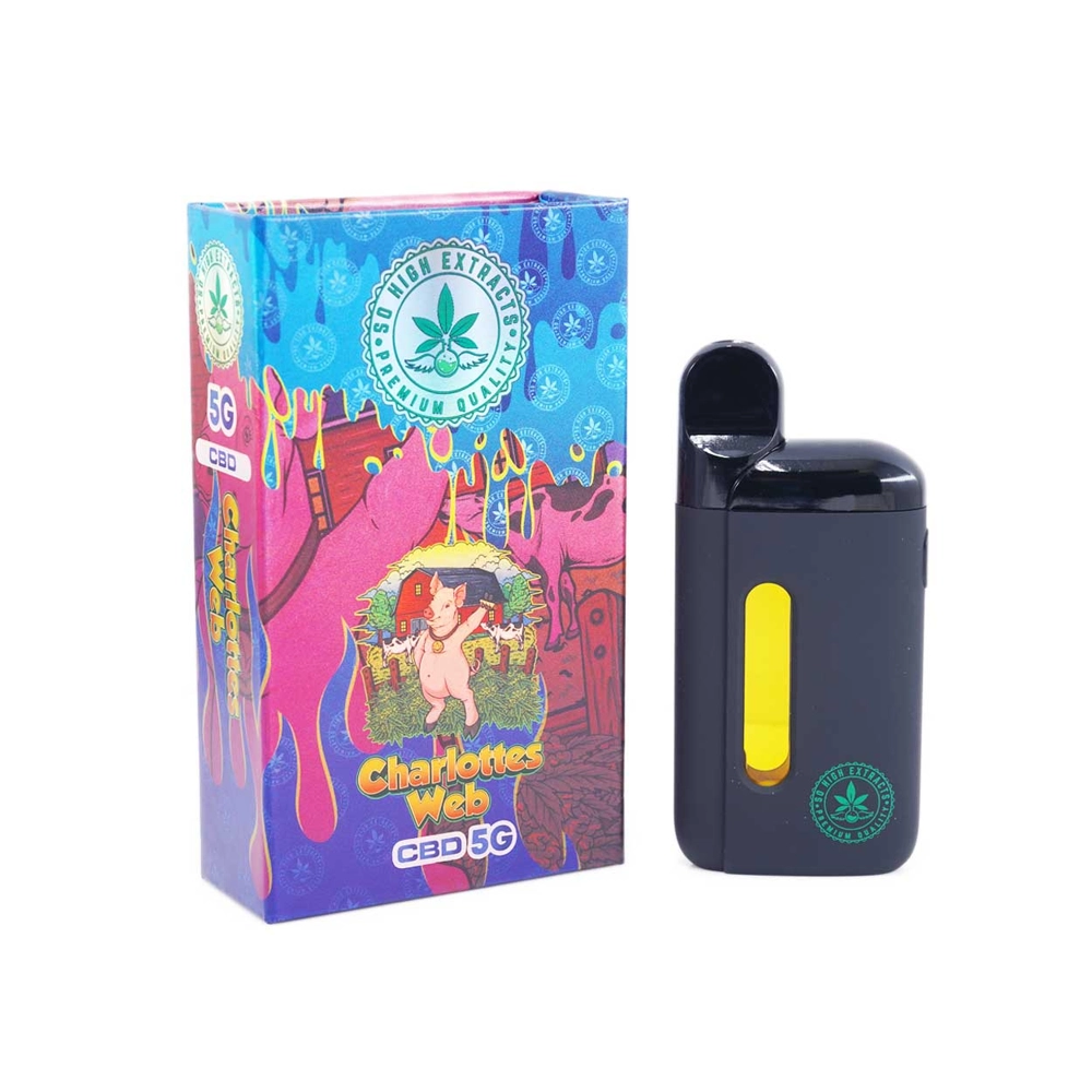 So High Extracts 5mL CBD Vape Charlottes Web cartridge displayed alongside its colorful packaging featuring artistic designs and branding.