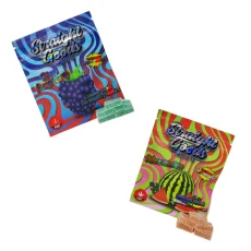 Straight Goods Supply Co THC Gummies in Blue Raspberry and Watermelon flavors. Brightly designed packaging with fruit illustrations and sugar-dusted gummies placed in front of each pack