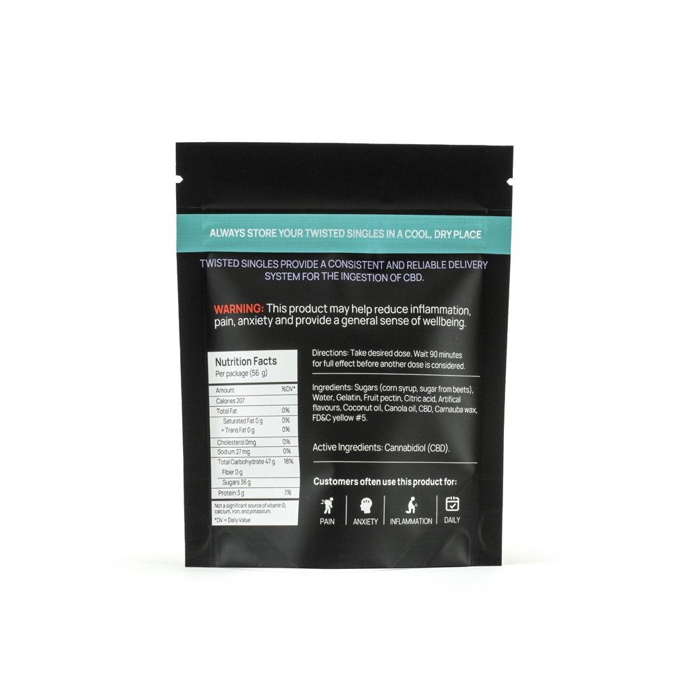 Back view of the Twisted Extracts Sour Lemon Twisted Singles CBD Gummies packaging, featuring nutritional information and usage instructions on a black and teal design