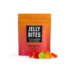Front of Twisted Extracts Extra Strength Sativa Jelly Bites 500mg THC gummies packaging with assorted gummies