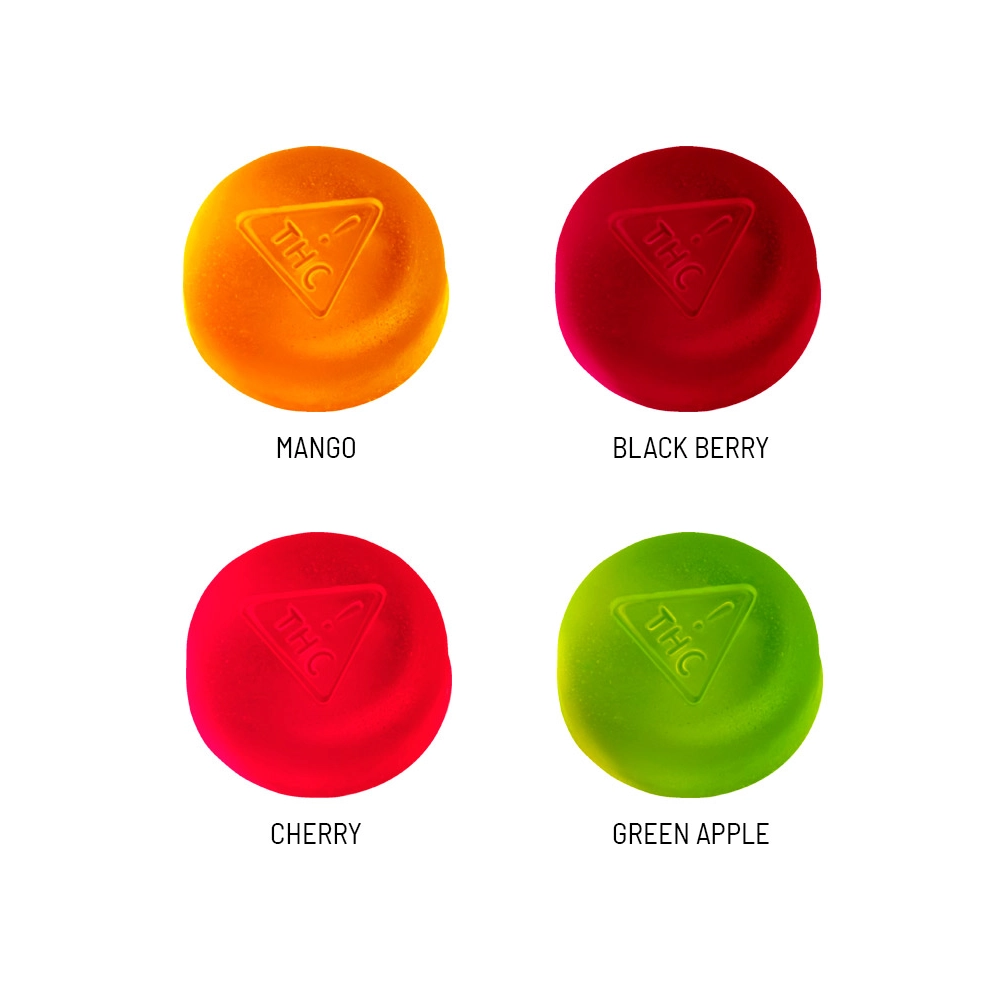 Closeup of Jelly Bites THC gummies in mango, blackberry, cherry, and green apple flavors.