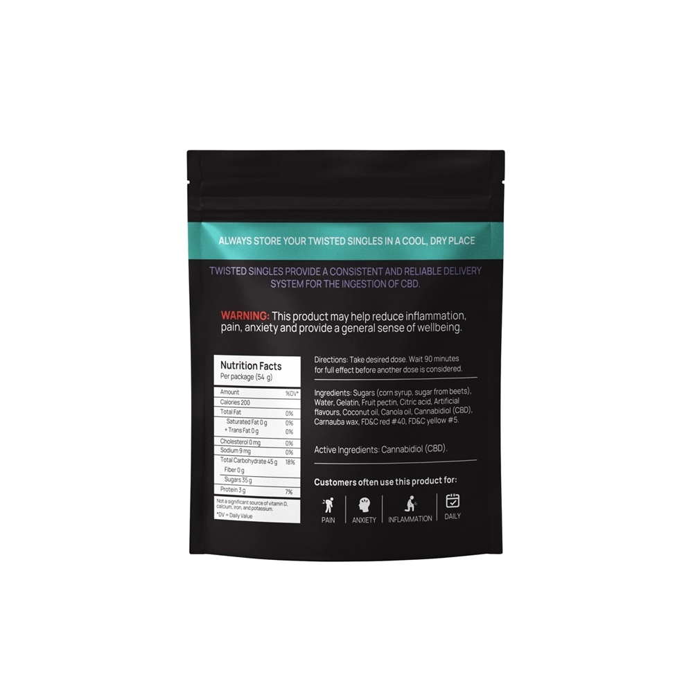 Back packaging of Twisted Extracts High Dose CBD Sour Twisted Singles featuring nutrition facts, ingredients, and usage information