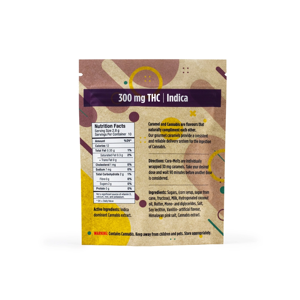 Back of Twisted Extracts Cara-Melts packaging, 300mg THC Indica, with nutritional facts and usage instructions.