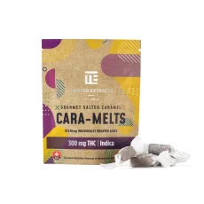 Packaging of Twisted Extracts Indica Salted Caramelts 300mg THC alongside individually wrapped caramels.