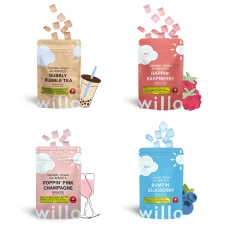 A set of four Willo cannabis-infused gummy flavors: Bubbly Bubble Tea (beige), Rappin’ Raspberry (red), Poppin’ Pink Champagne (pink), and Bumpin’ Blueberry (blue), each containing 10 gummies at 20mg THC each (200mg total), with matching gummy cubes spilling out and illustrative designs beside the bags.