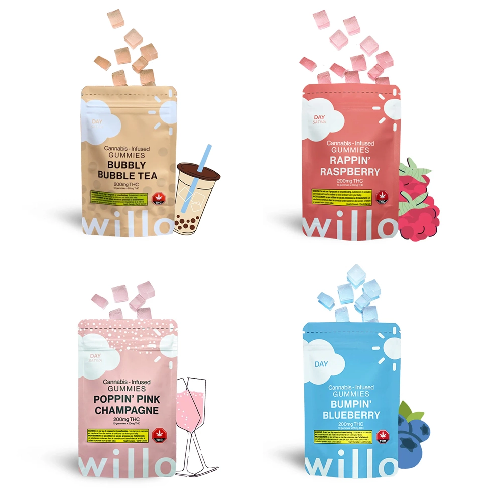 A set of four Willo cannabis-infused gummy flavors: Bubbly Bubble Tea (beige), Rappin’ Raspberry (red), Poppin’ Pink Champagne (pink), and Bumpin’ Blueberry (blue), each containing 10 gummies at 20mg THC each (200mg total), with matching gummy cubes spilling out and illustrative designs beside the bags.