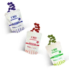 A collection of Willo high-dose CBD gummies featuring three flavors: Blessed Blackberry Mango (purple), Soulful Strawberry Kiwi (red), and Harmonic Honeydew (green). Each bag contains 10 gummies at 100mg CBD each (1000mg total), with matching gummy cubes spilling out.