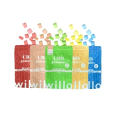 A lineup of Willo low dose CBD gummies in assorted flavors: Relaxing Raspberry (red), Peaceful Peach (beige), Graceful Green Apple (green), Mellow Mango (yellow), and Blissful Blueberry (blue), with matching gummy cubes spilling out of each bag.
