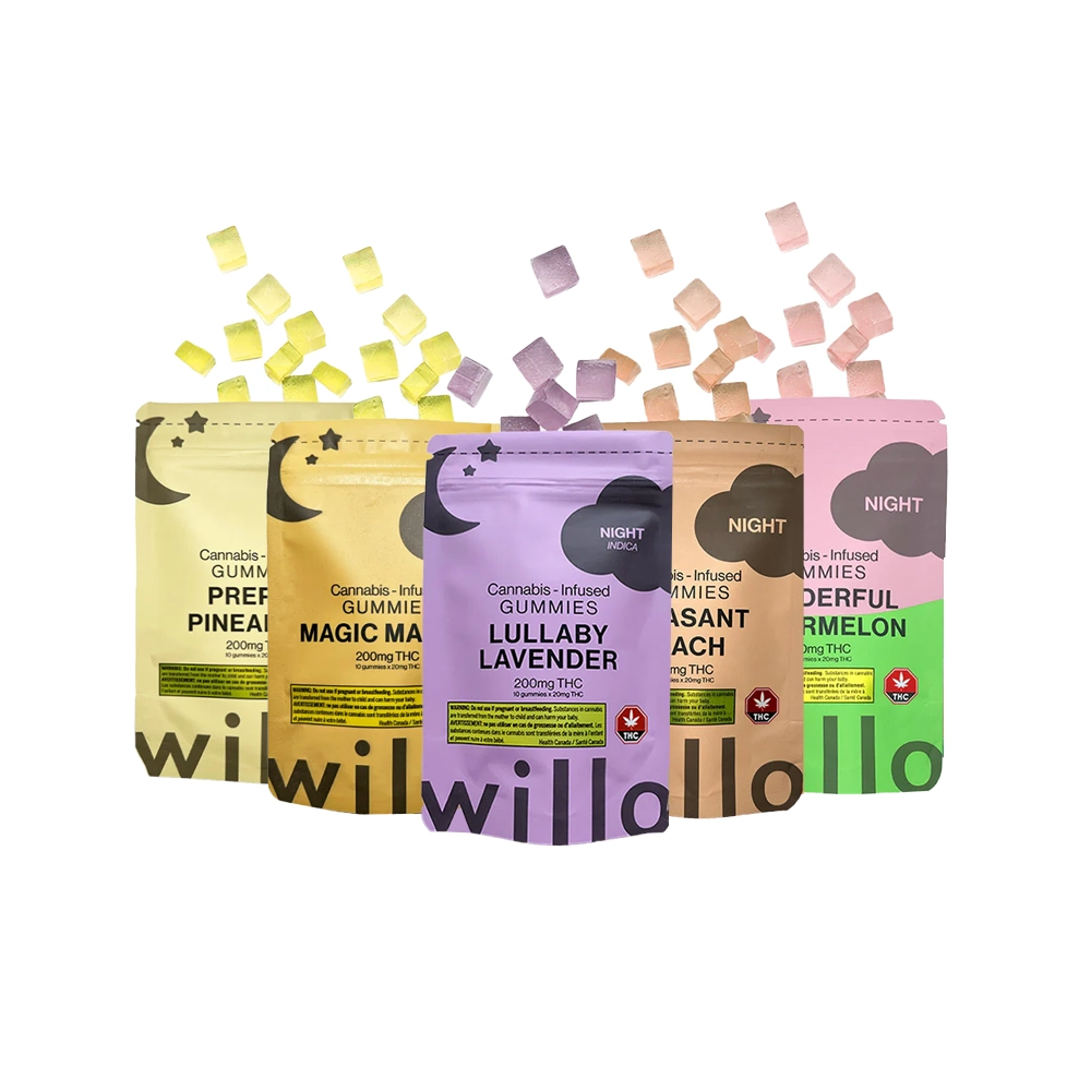 A collection of Willo’s nighttime cannabis gummies in five flavors: Preppy Pineapple, Magic Mango, Lullaby Lavender, Pleasant Peach, and Wonderful Watermelon. Each bag contains 10 gummies at 20mg THC each (200mg total), with matching gummy cubes spilling out.