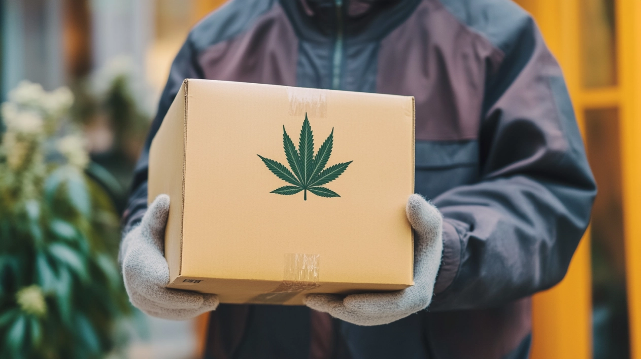 A delivery person wearing gloves holding a cardboard box with a cannabis leaf symbol on it, symbolizing discreet and secure weed delivery from Weed Market.