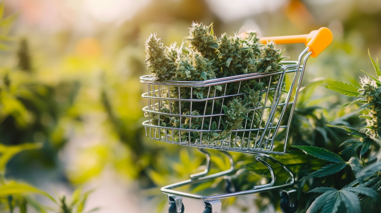 A small shopping cart filled with cannabis buds placed outdoors in a lush cannabis field, symbolizing convenience and quality in weed delivery services with Weed Market.