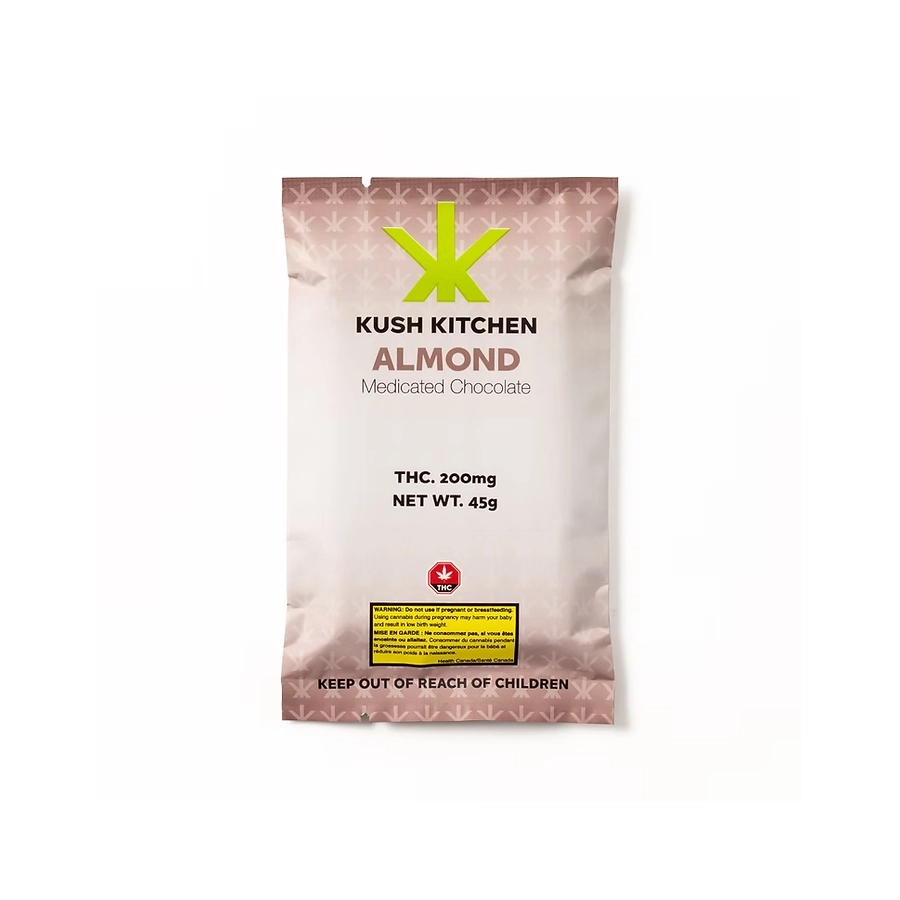 Kush Kitchen Almond chocolate bar showing 200mg THC in brown and white packaging on white background.